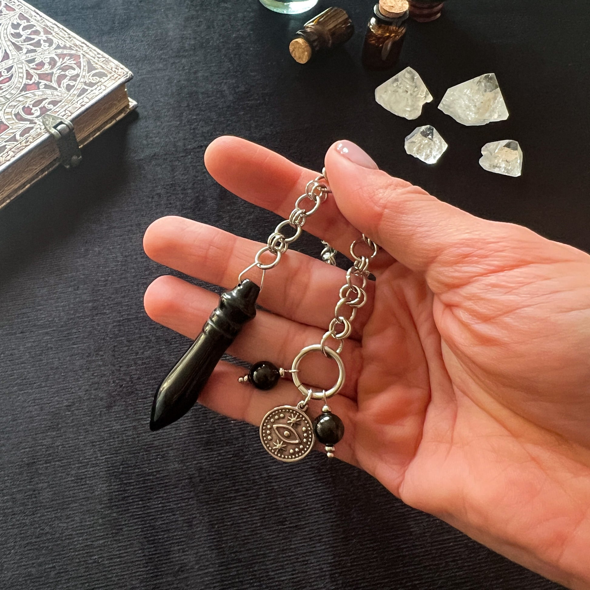 Egyptian Thot pendulum black agate chainmail, third eye charm and stainless steel Baguette Magick