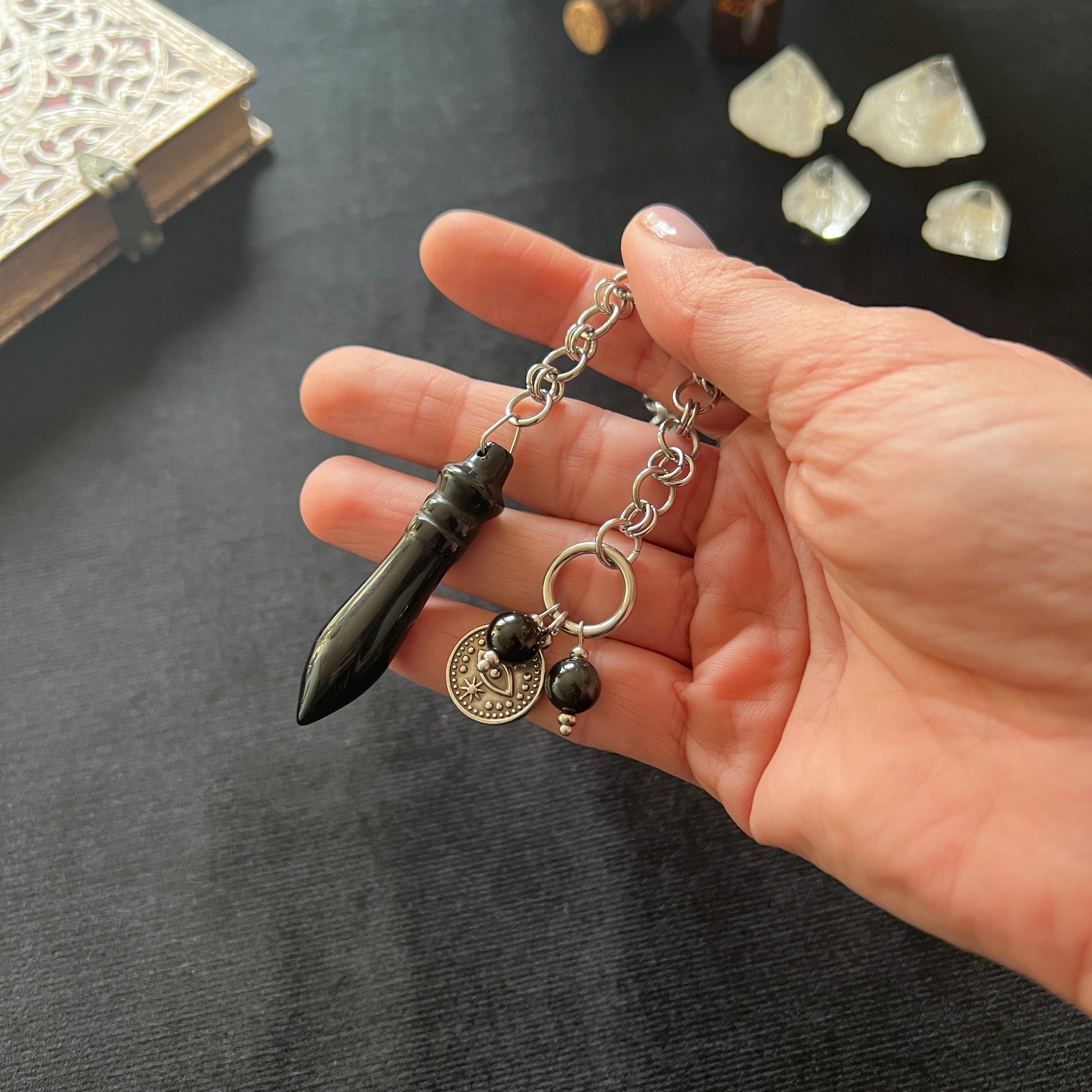Egyptian Thot pendulum black agate chainmail, third eye charm and stainless steel Baguette Magick