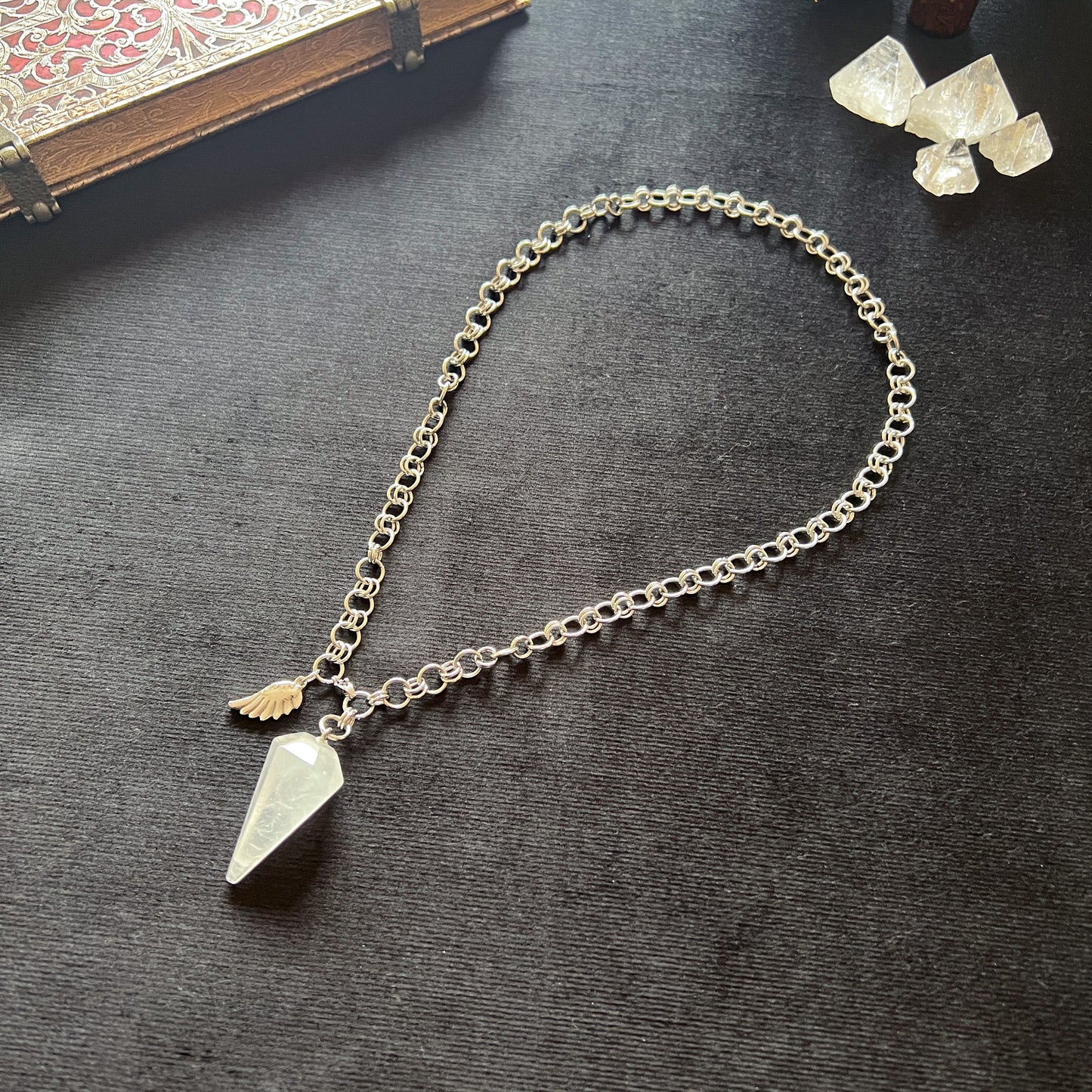 Quartz and wing divination pendulum necklace, adjustable stainless steel chain Baguette Magick