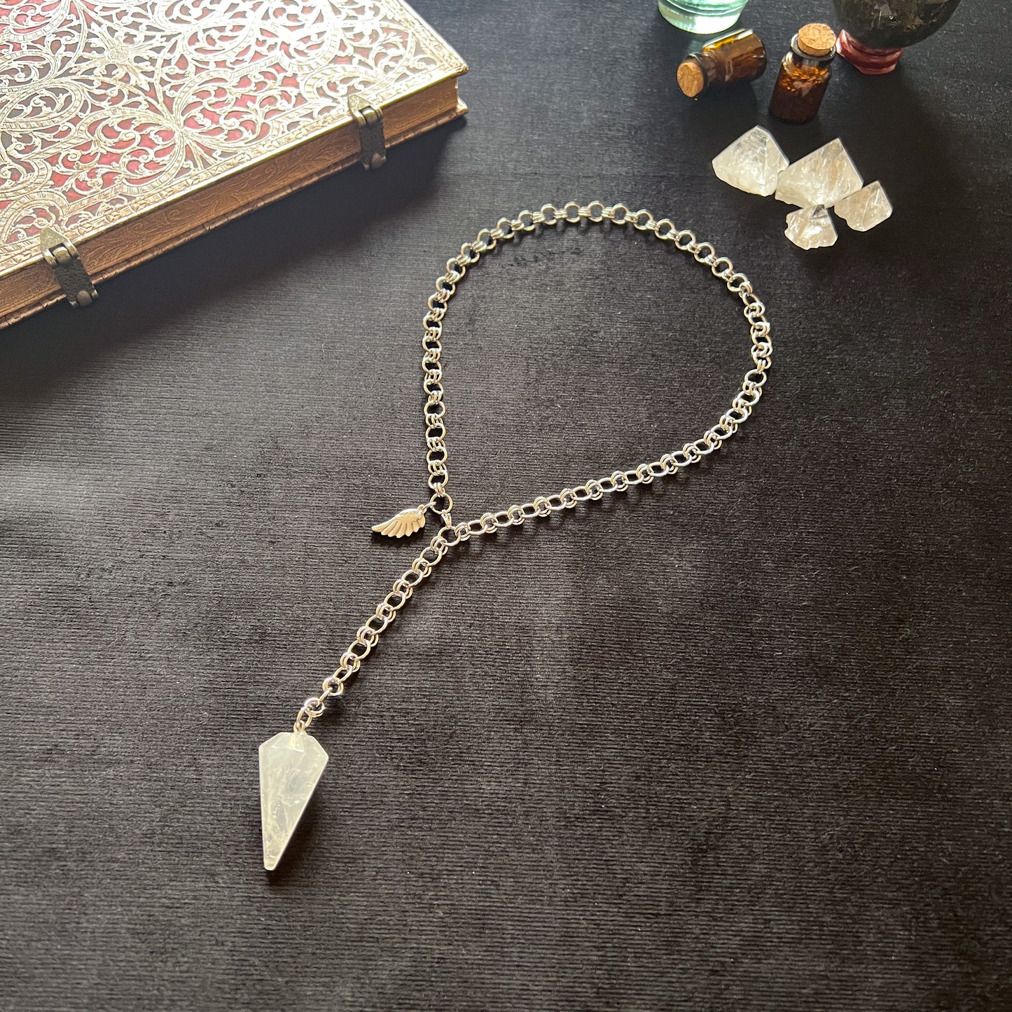 Quartz and wing divination pendulum necklace, adjustable stainless steel chain Baguette Magick