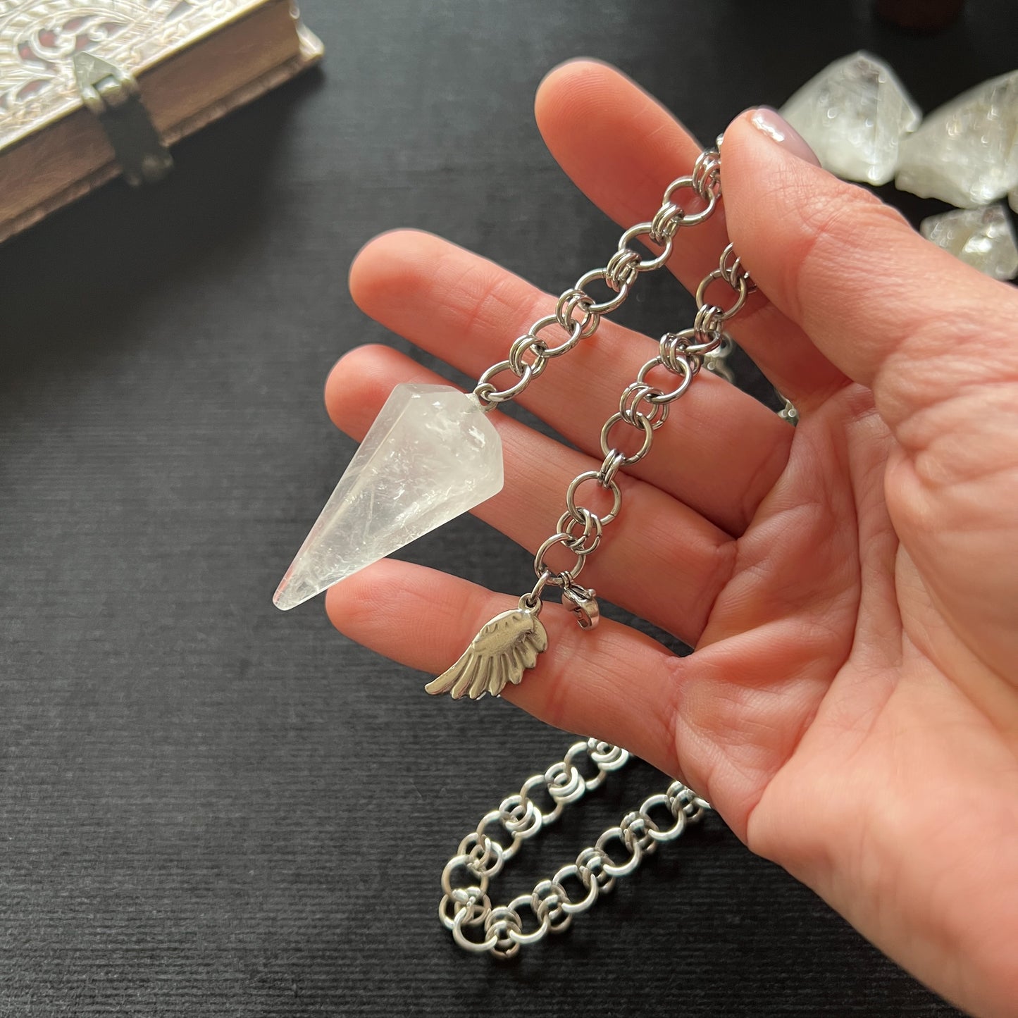 Quartz and wing divination pendulum necklace, adjustable stainless steel chain Baguette Magick