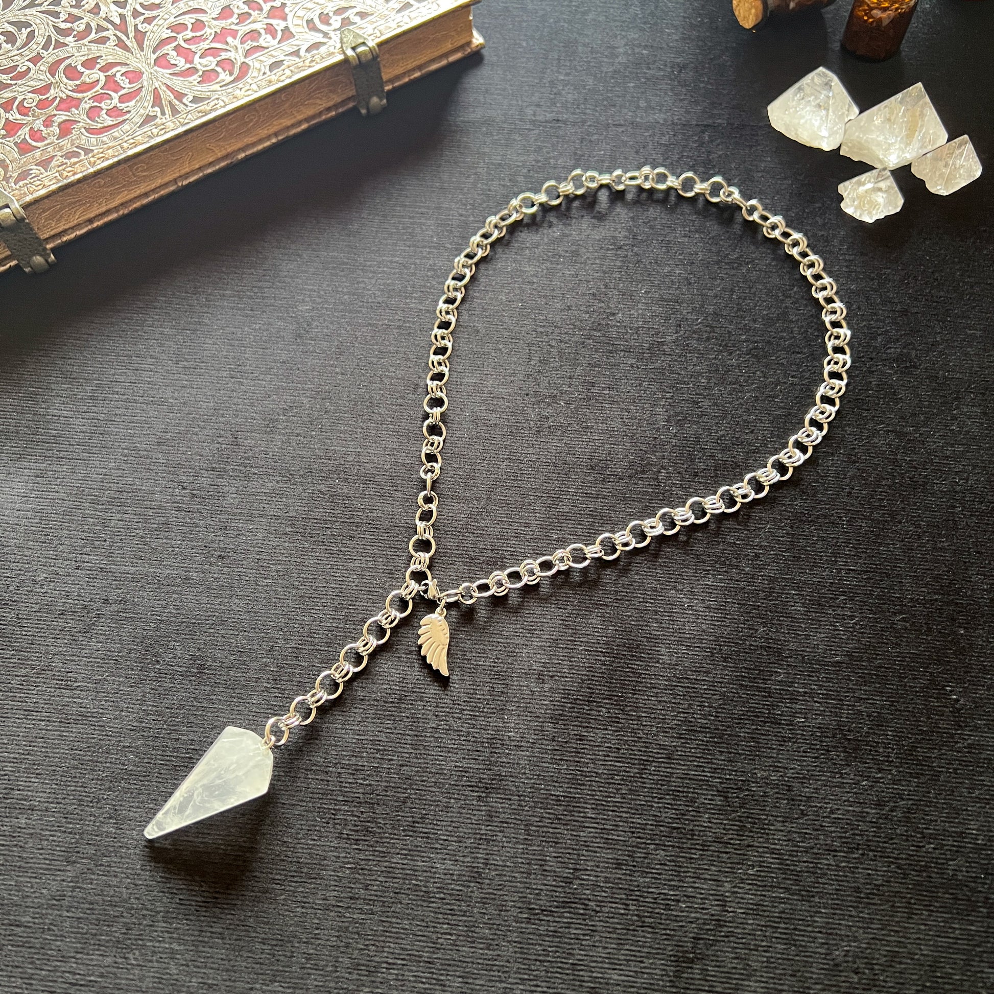 Clear Quartz Pendulum Necklace with Stainless Steel Chain for Witchcraft, Dowsing, Energy Healing, gemstone divination tool and jewelry
