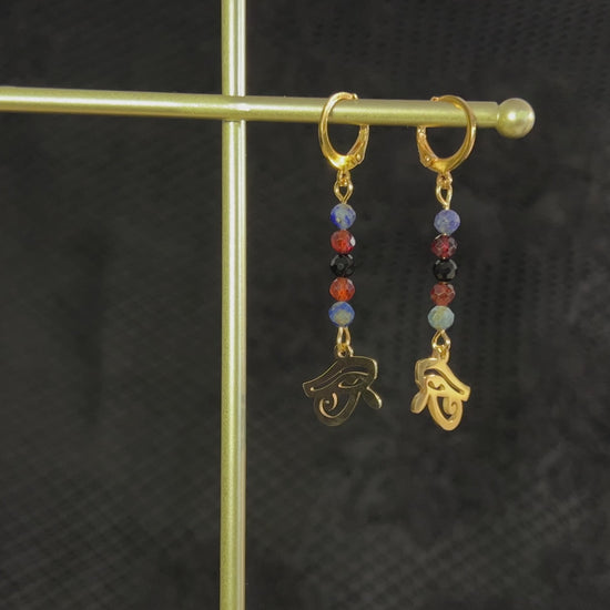 Eye of Horus gemstone earrings, golden stainless steel, lapis lazuli, garnet and onyx Egyptian mythology gothic and dainty earrings