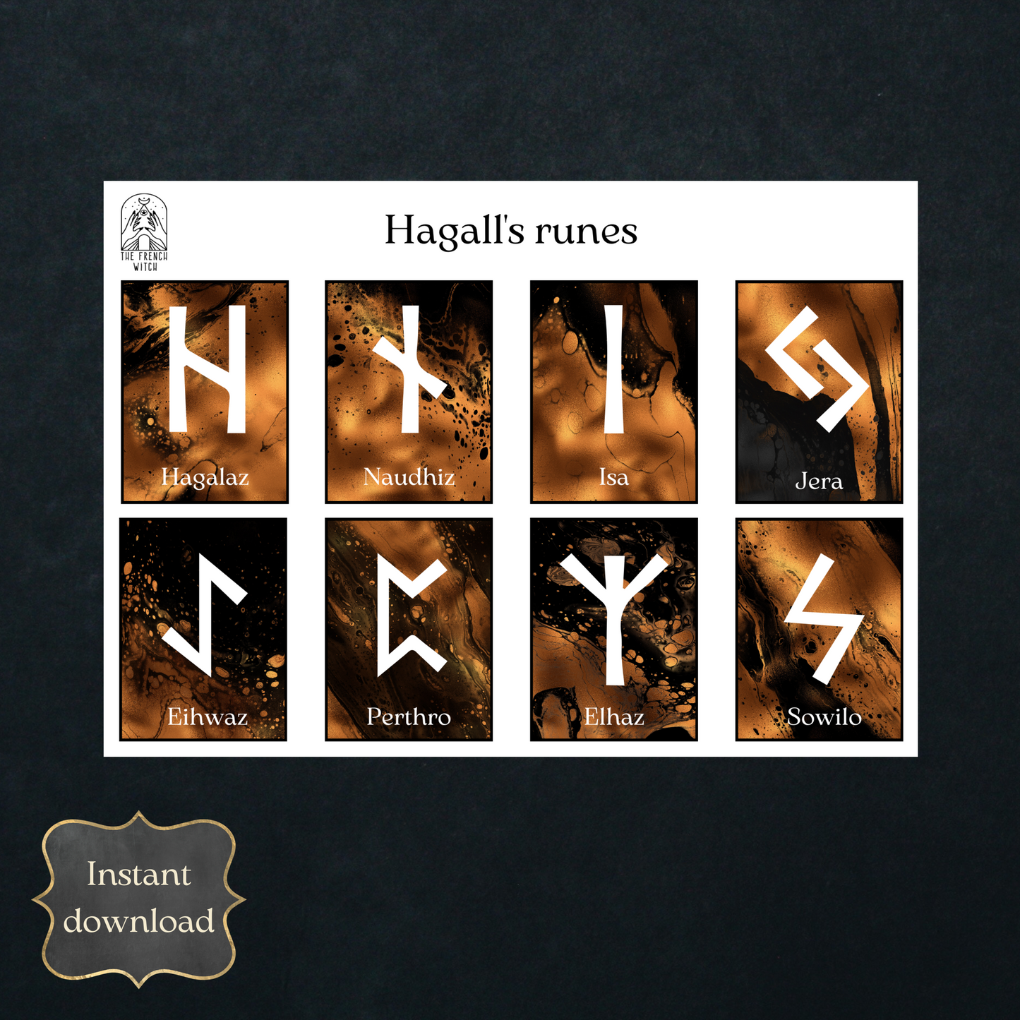 Printable runes cards, black and copper - The French Witch shop