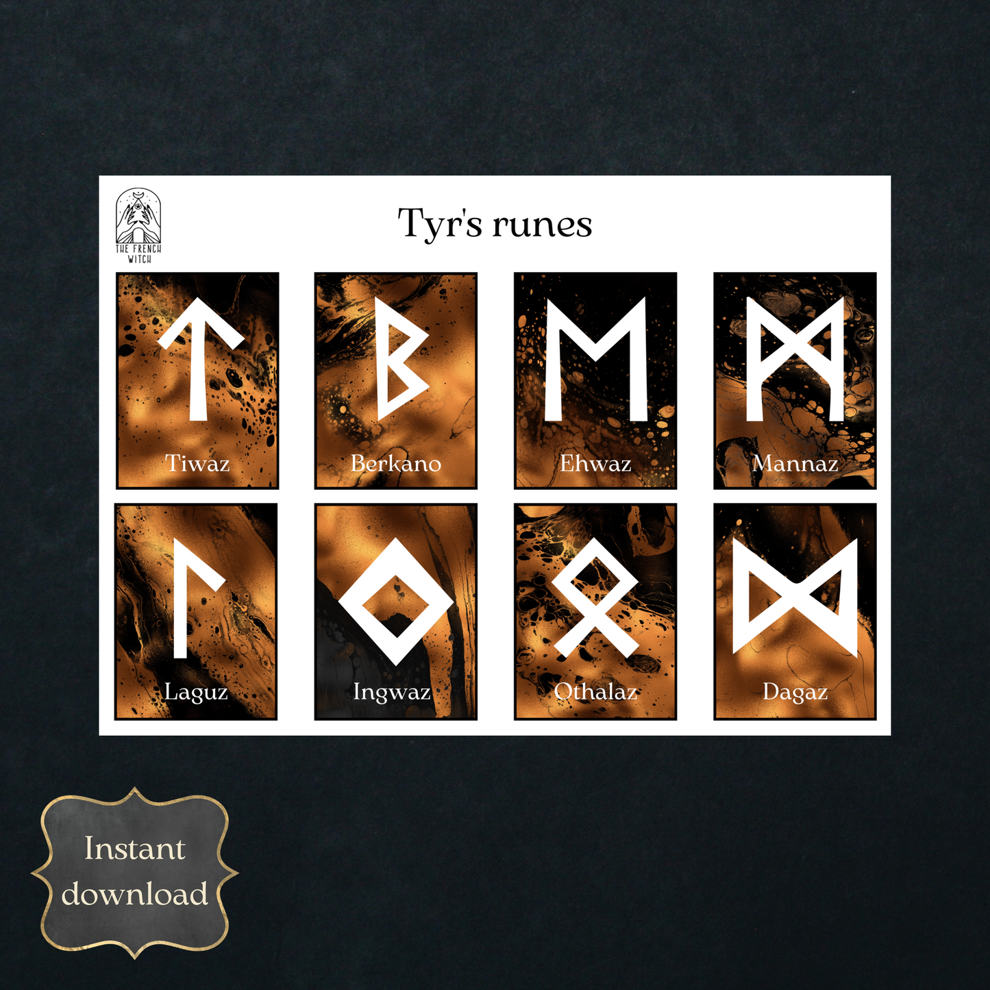 Printable runes cards, black and copper - The French Witch shop