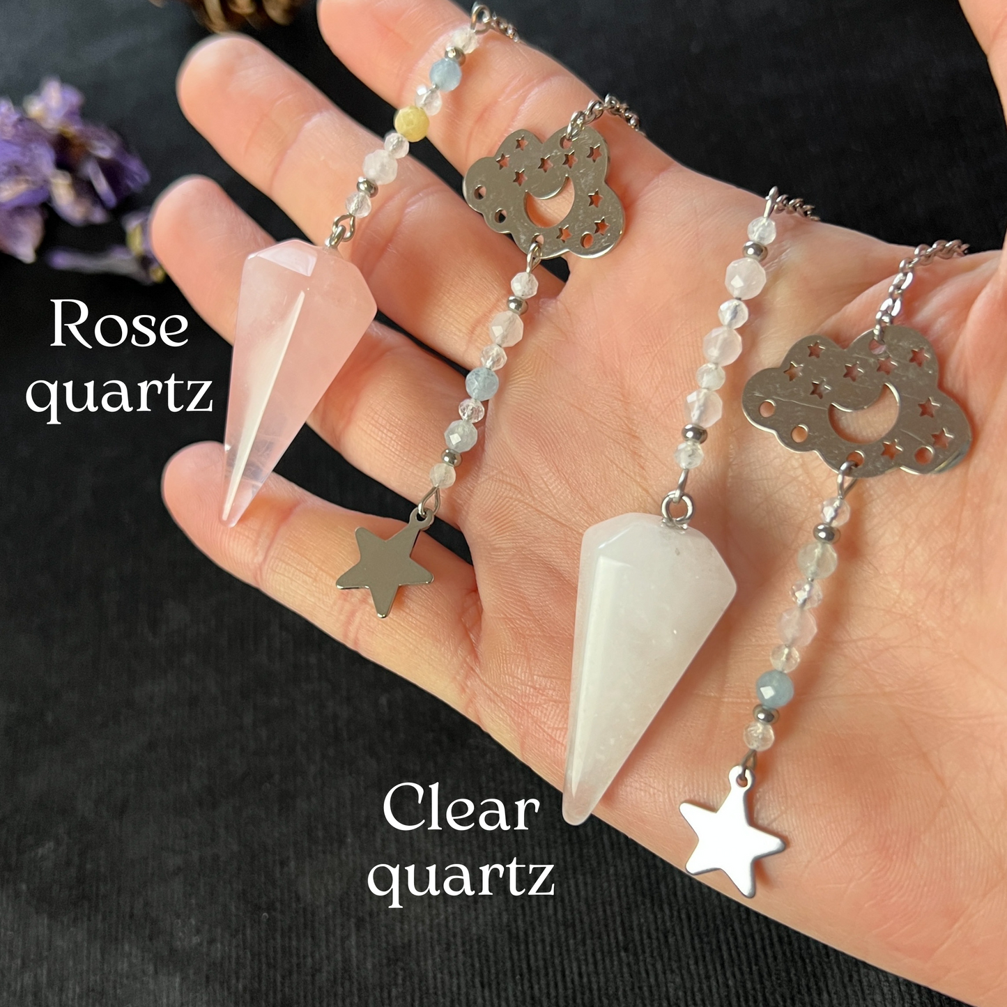 Celestial gemstone pendulum, quartz or rose quartz, moonstone, morganite and stainless steel Baguette Magick