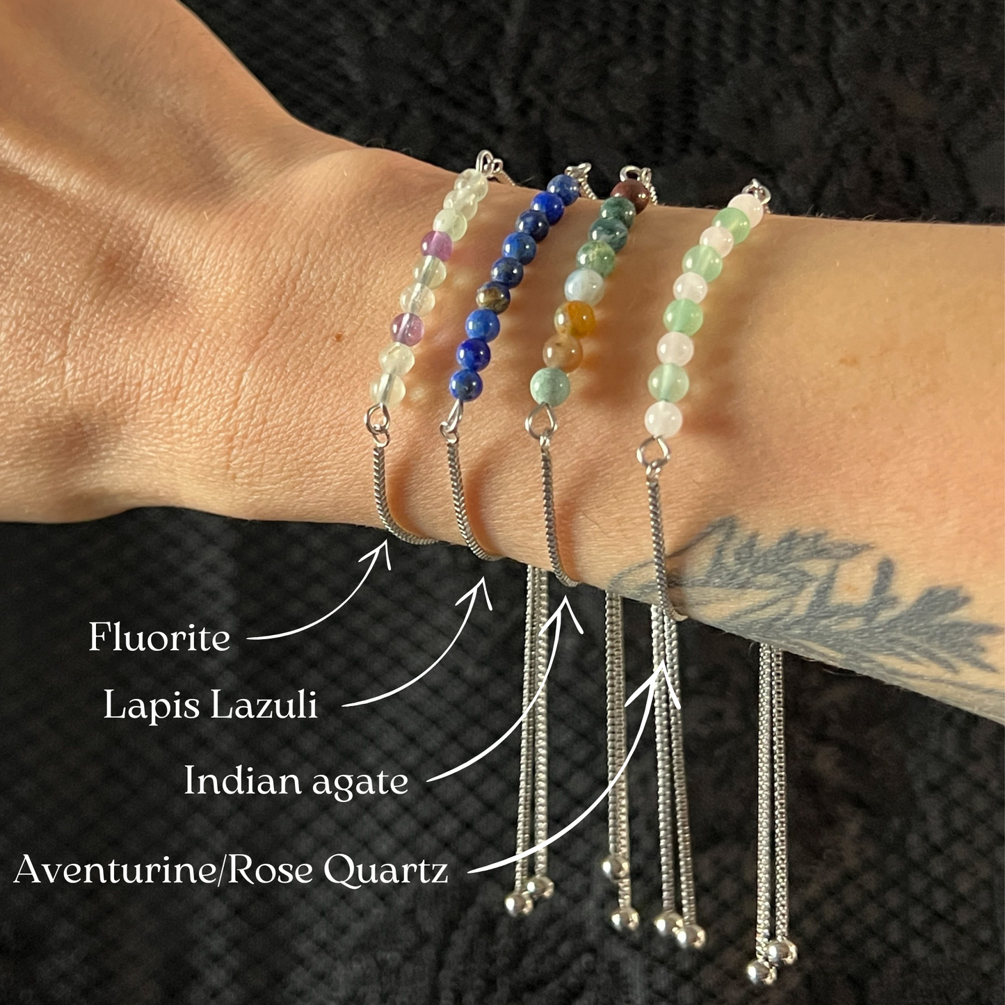 Gemstone slider bracelet stainless steel and fluorite, lapis lazuli, indian agate, or aventurine and rose quartz, gemstone bolo bracelet